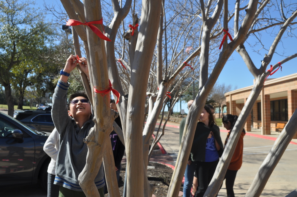 Students who took Celebrating Chinese New Year went outside to tie red ribbons on trees as they made wishes. Photo by Hannah Lu