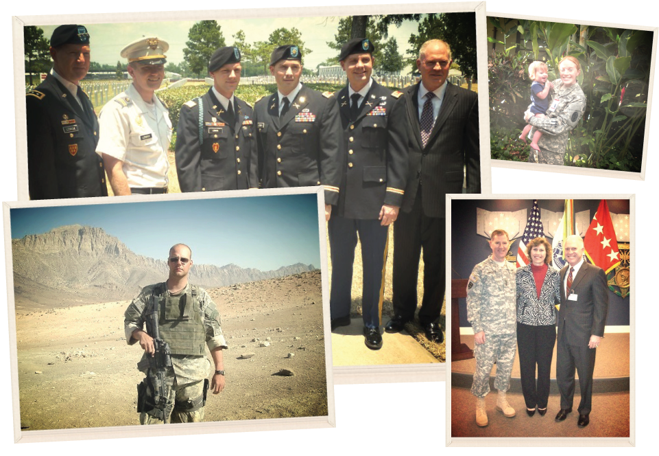 Canyon Vista staff members are proud of their family in the military. Clockwise from top left: Mrs. Casmedes' brother Lt. Gen. Bob Lennox, her nephews Capt. Mark Lennox, Capt. Daniel Lennox, Maj. Andrew Lennox, Maj. Matthew Lennox, and Mrs. Casmedes' brother retired Lt. Gen. Bill Lennox; Mrs. Casmedes' niece Capt. Amanda Lennox; Mrs. Casmedes with her brothers Lt. Gen. Bob Lennox and retired Lt. Gen. Bill Lennox at Bob's 3 Star General Promotion; Mrs. Moeller's son Staff Sgt. Ryan Moeller in Afghanistan. Photos from personal collections