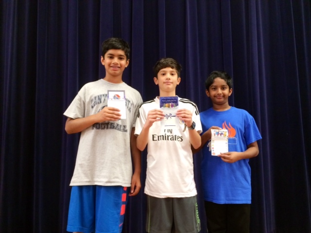 (From left to right) Harsha Jandhyala, 8th grader, Andy Tutuc, 7th grader, and Saavan Myeni, 7th grader. Photo by Mr. Williams