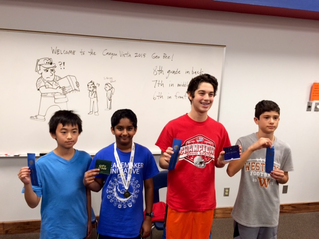 (From left to right) Toby Huang, 6th grade, Saavan Myneni, 8th grade, Lucian Tripon, 7th grade, and Andy Tutuc, 8th grade. Photo by Mr. Waghorne